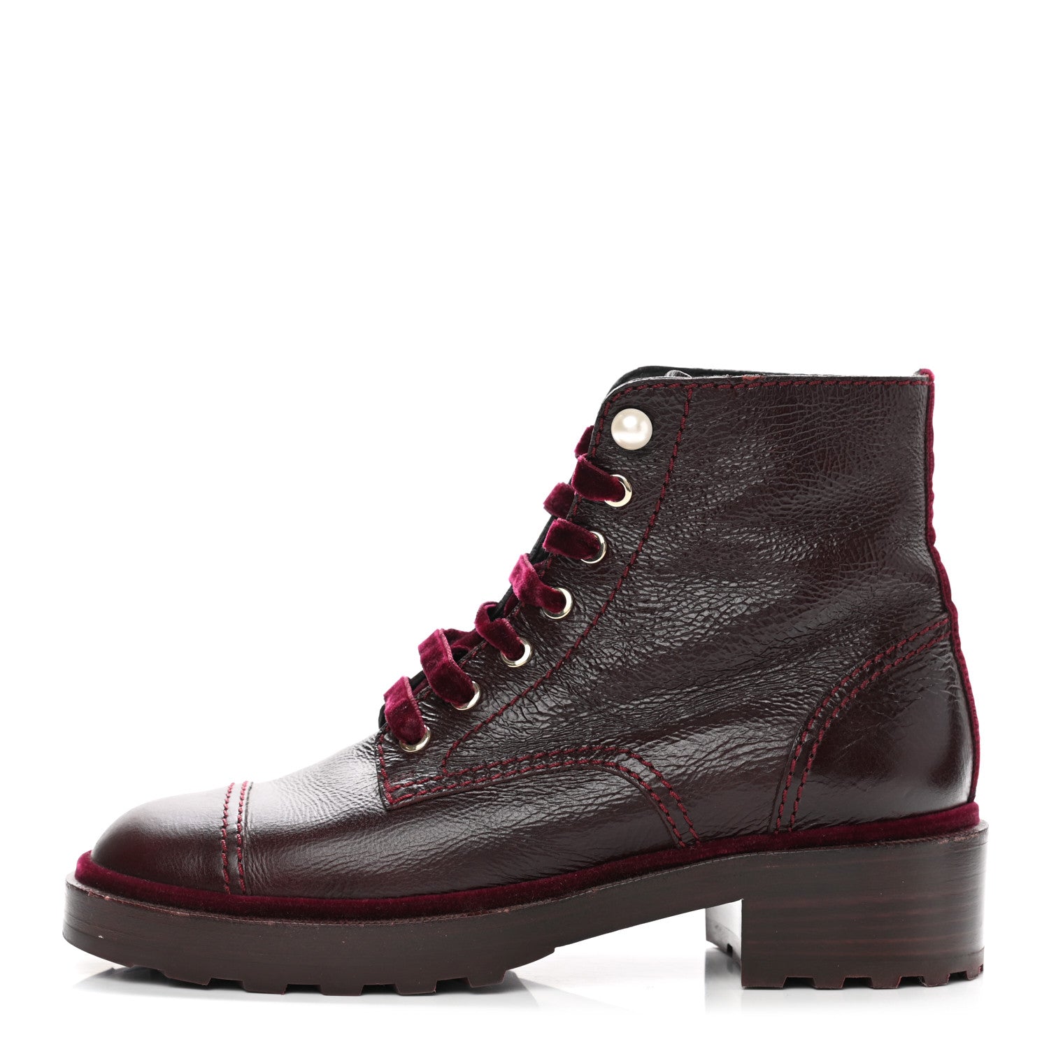 Chanel Calfskin Velvet Pearl Combat Short Boots 39.5 Burgundy 1 of 8