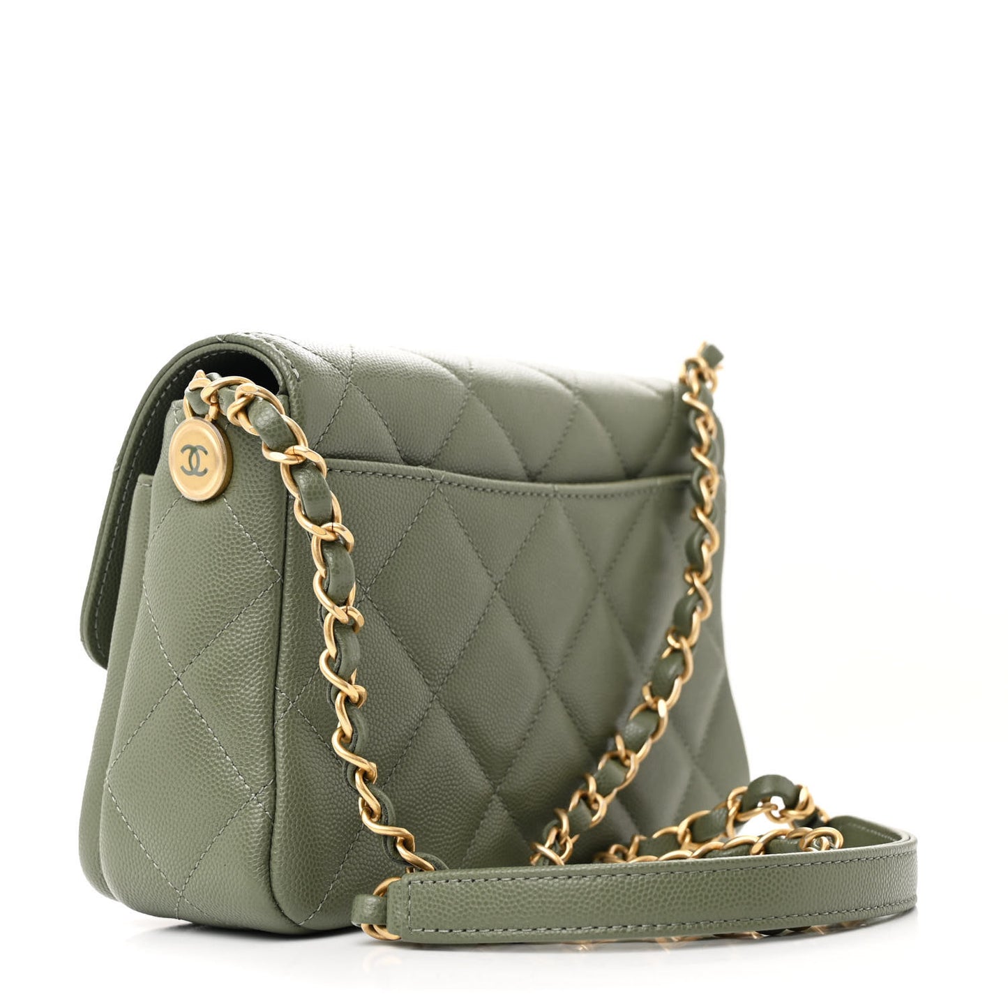 Shiny Caviar Quilted Mini Flap Khaki