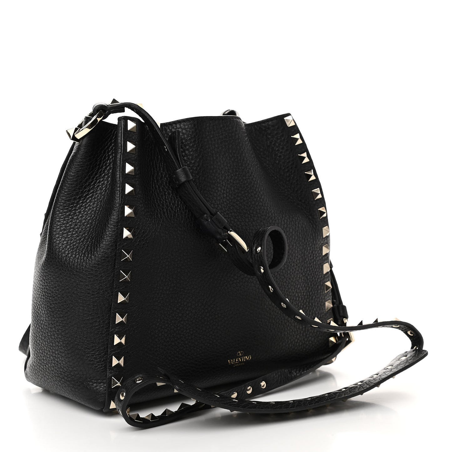 Grained Calfskin Rockstud Bucket Bag Black