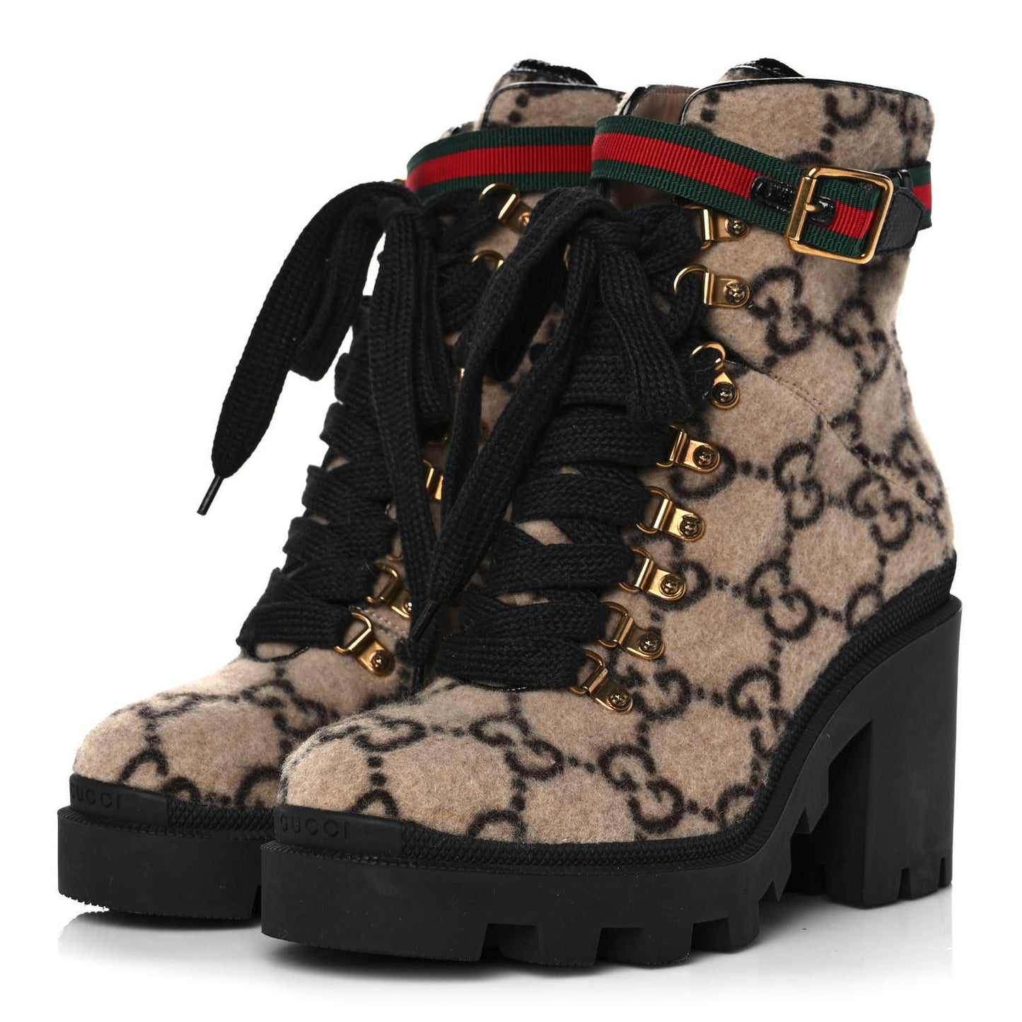 Covered Wool GG Monogram Womens Lace Up Combat Ankle Boots 38 Beige Ebony Black