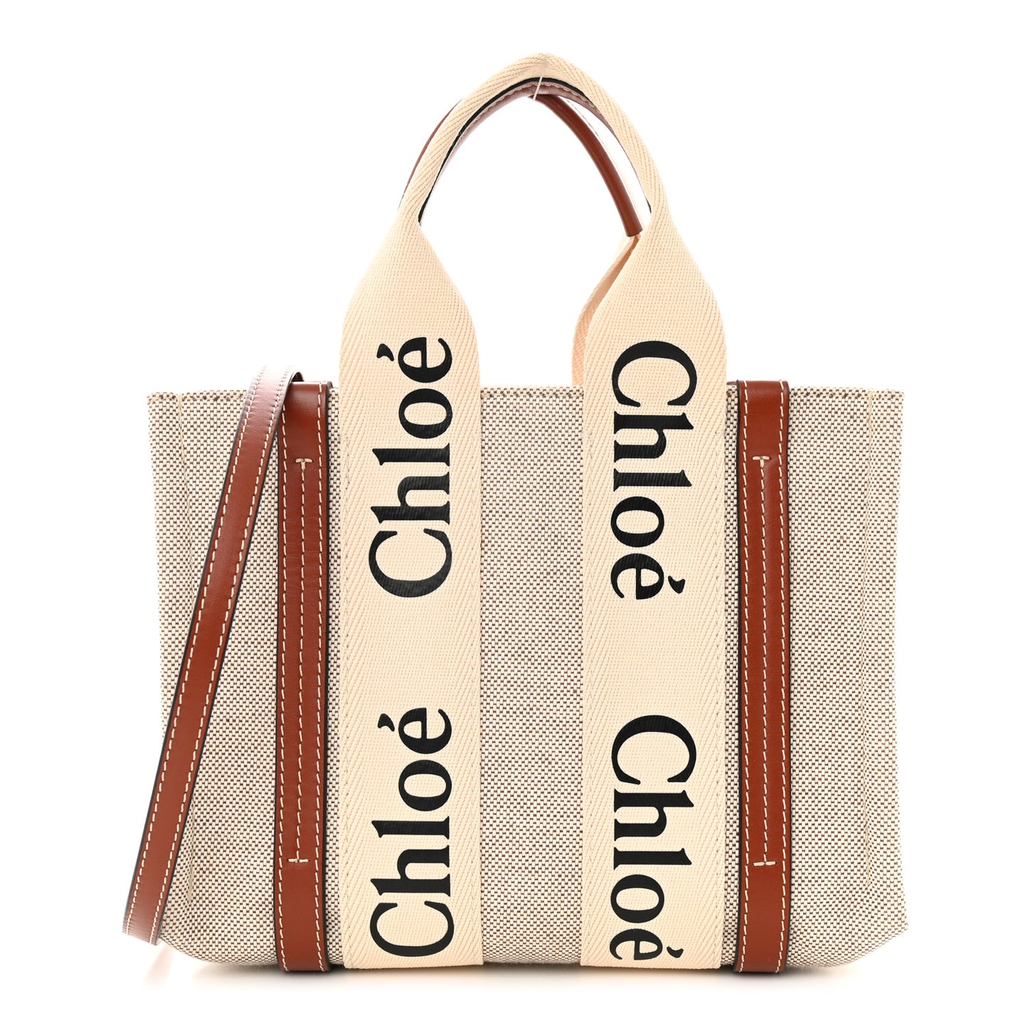 Cotton Calfskin Small Woody Ribbon Tote With Strap White Brown