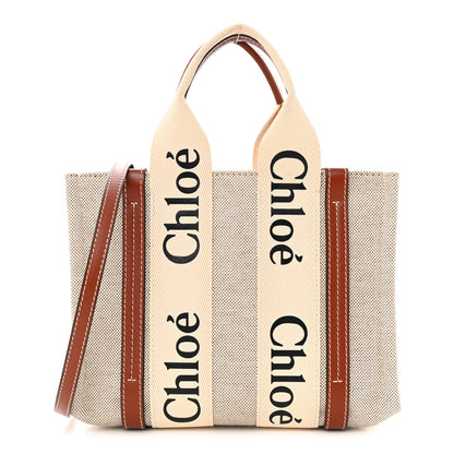 Chloe Cotton Calfskin Small Woody Ribbon Tote With Strap White Brown 1 of 10