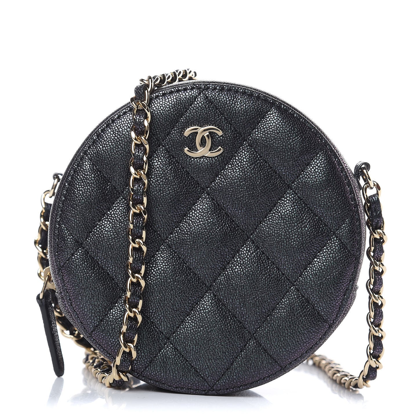 Iridescent Caviar Quilted Round Clutch With Chain Black