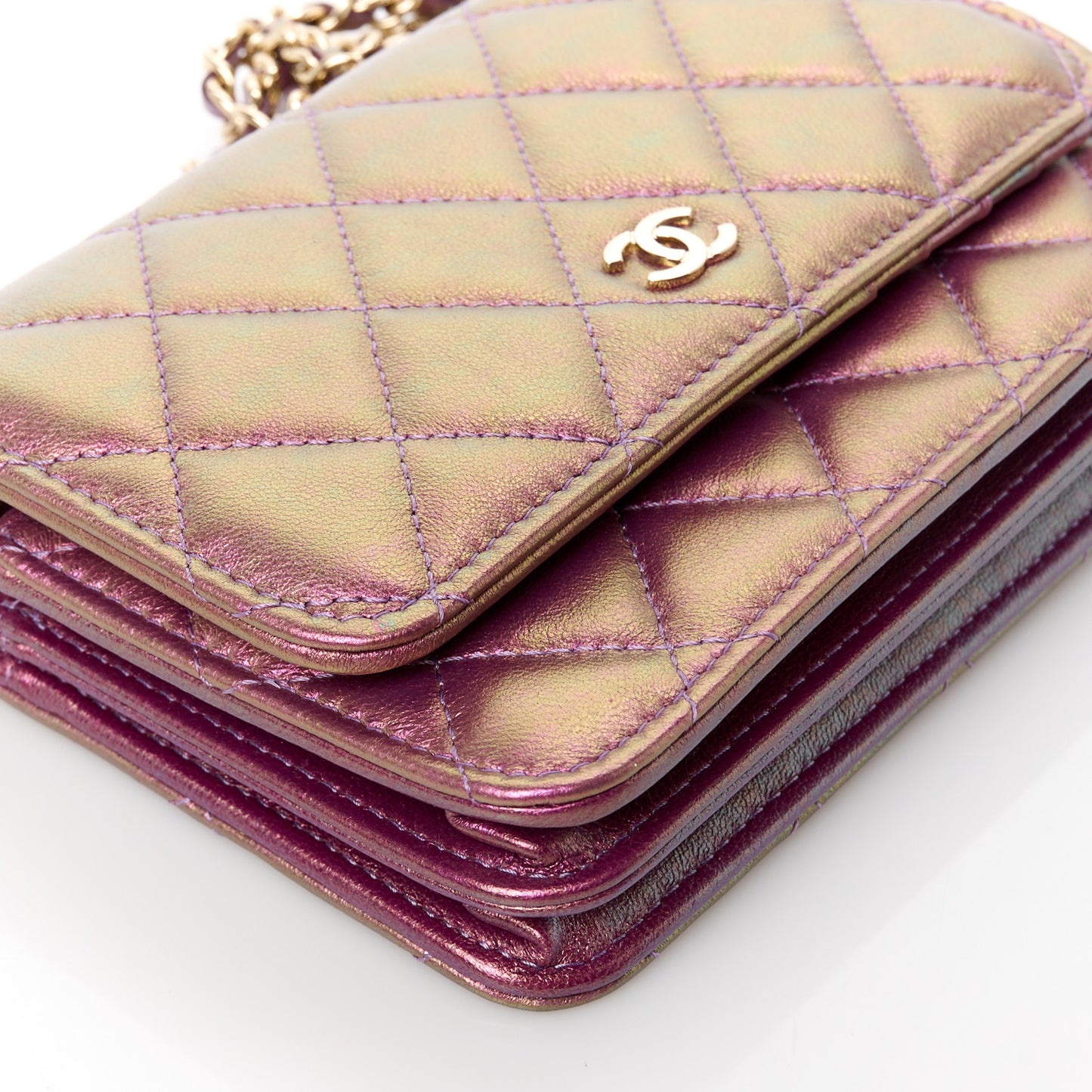 Iridescent Lambskin Quilted Mini Wallet On Chain WOC Purple