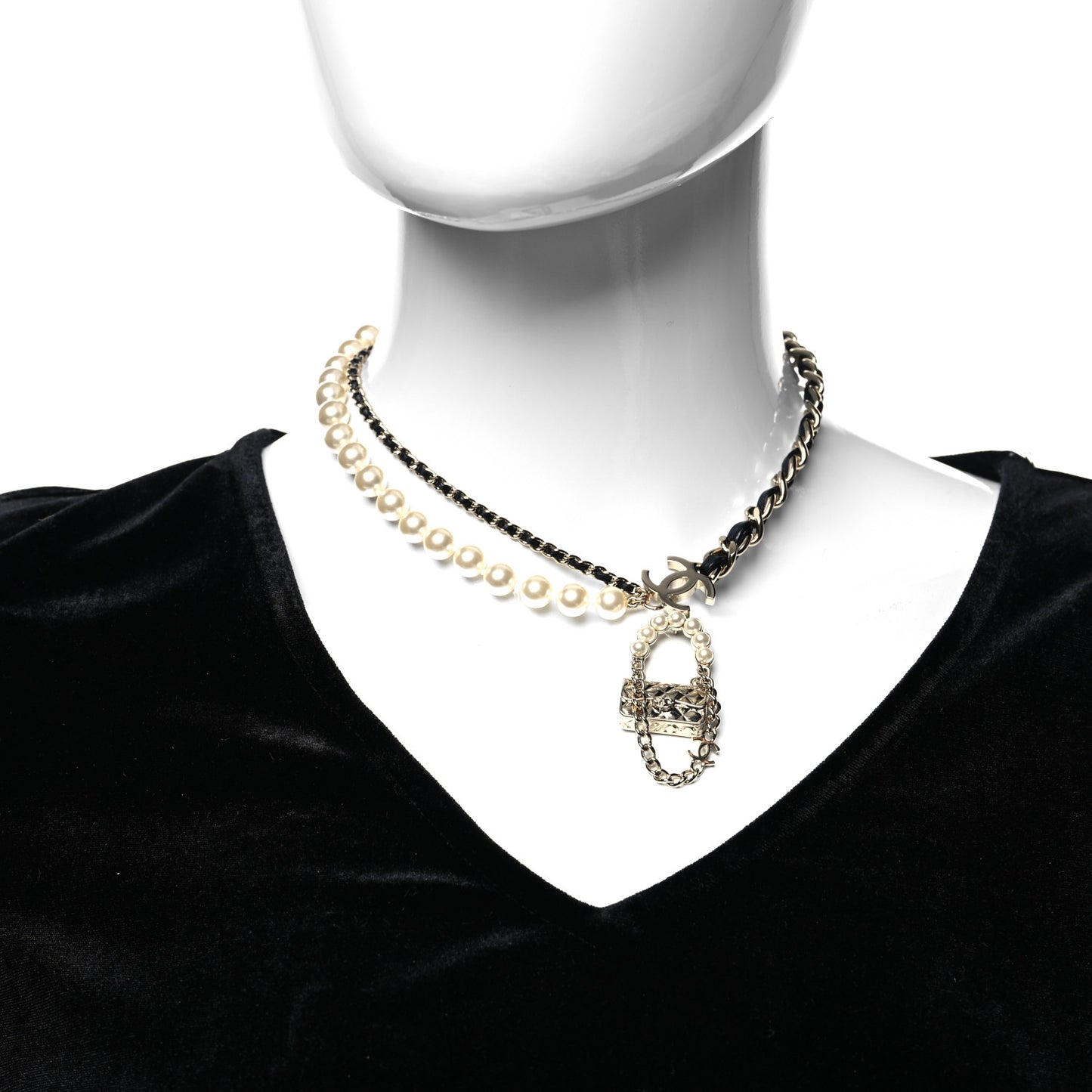 Lambskin Pearl Quilted Flap Necklace Gold Black Pearly White