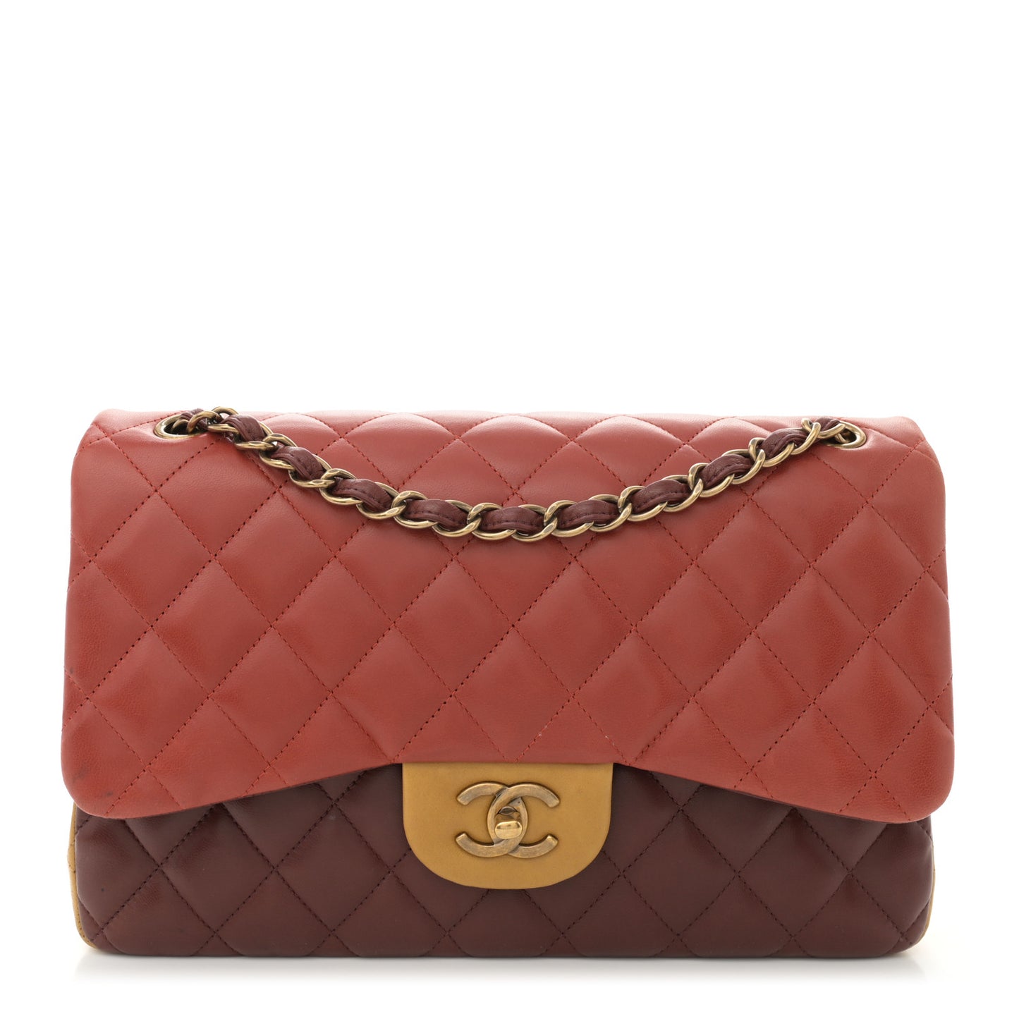 Lambskin Quilted Tri-Color Jumbo Double Flap Orange Burgundy Yellow