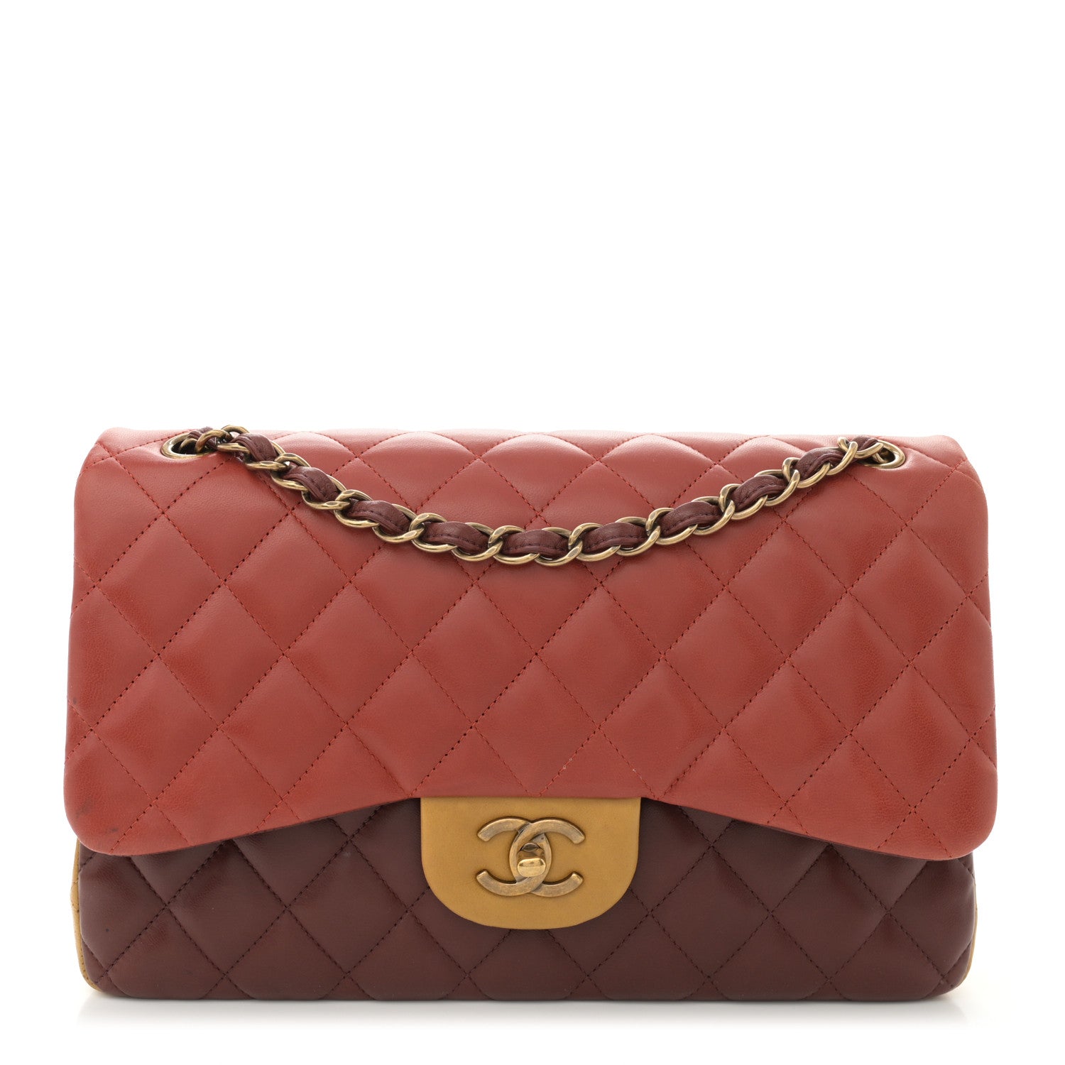 Chanel Lambskin Quilted Tri-Color Jumbo Double Flap Orange Burgundy Yellow 1 of 13