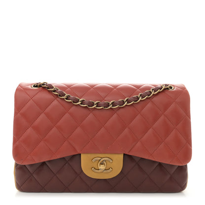 Chanel Lambskin Quilted Tri-Color Jumbo Double Flap Orange Burgundy Yellow 1 of 13
