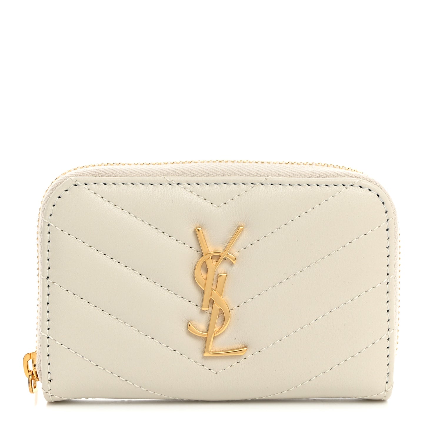 Lambskin Matelasse Chevron Monogram Cassandre Compact Zip Around Card Wallet Crema Soft
