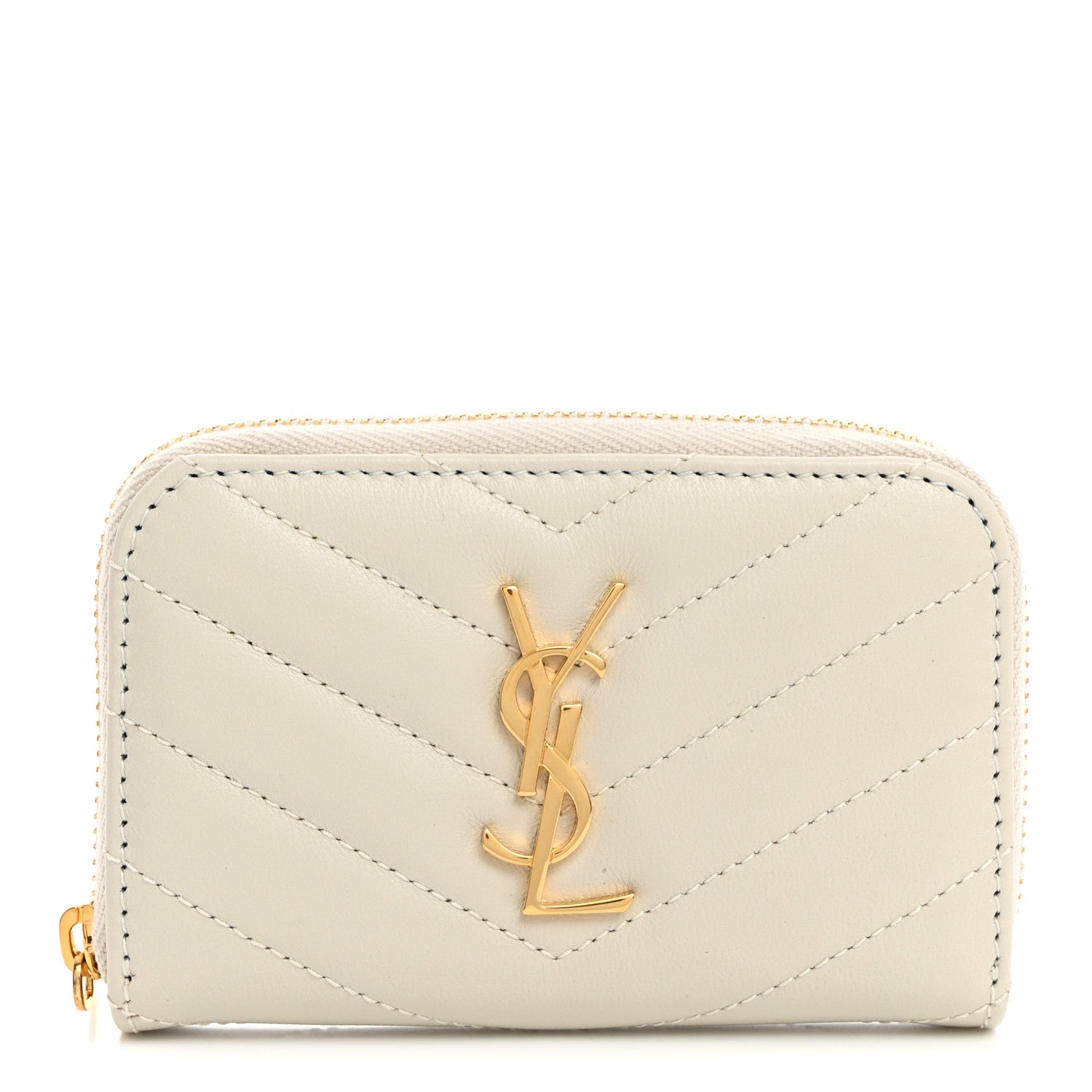 Saint Laurent Lambskin Matelasse Chevron Monogram Cassandre Compact Zip Around Card Wallet Crema Soft 1 of 7