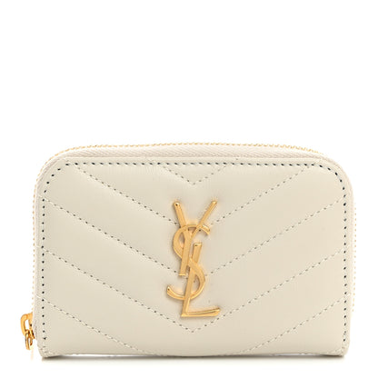 Saint Laurent Lambskin Matelasse Chevron Monogram Cassandre Compact Zip Around Card Wallet Crema Soft 1 of 7