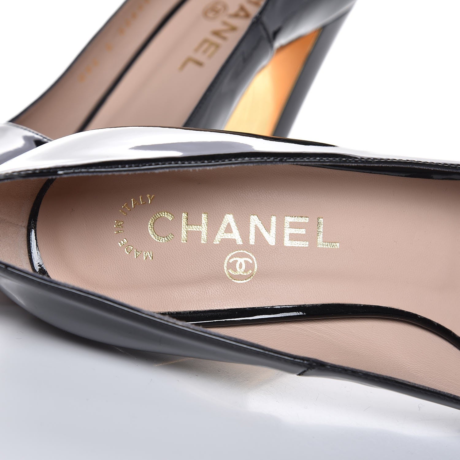 Chanel Patent Peep Toe CC Pumps 38.5 Black 6 of 12