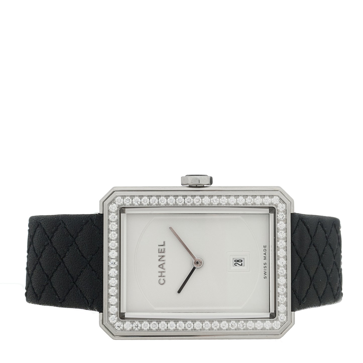 Stainless Steel Calfskin Diamond Bezel 27mm Boy-Friend Quilt Quartz Watch Black