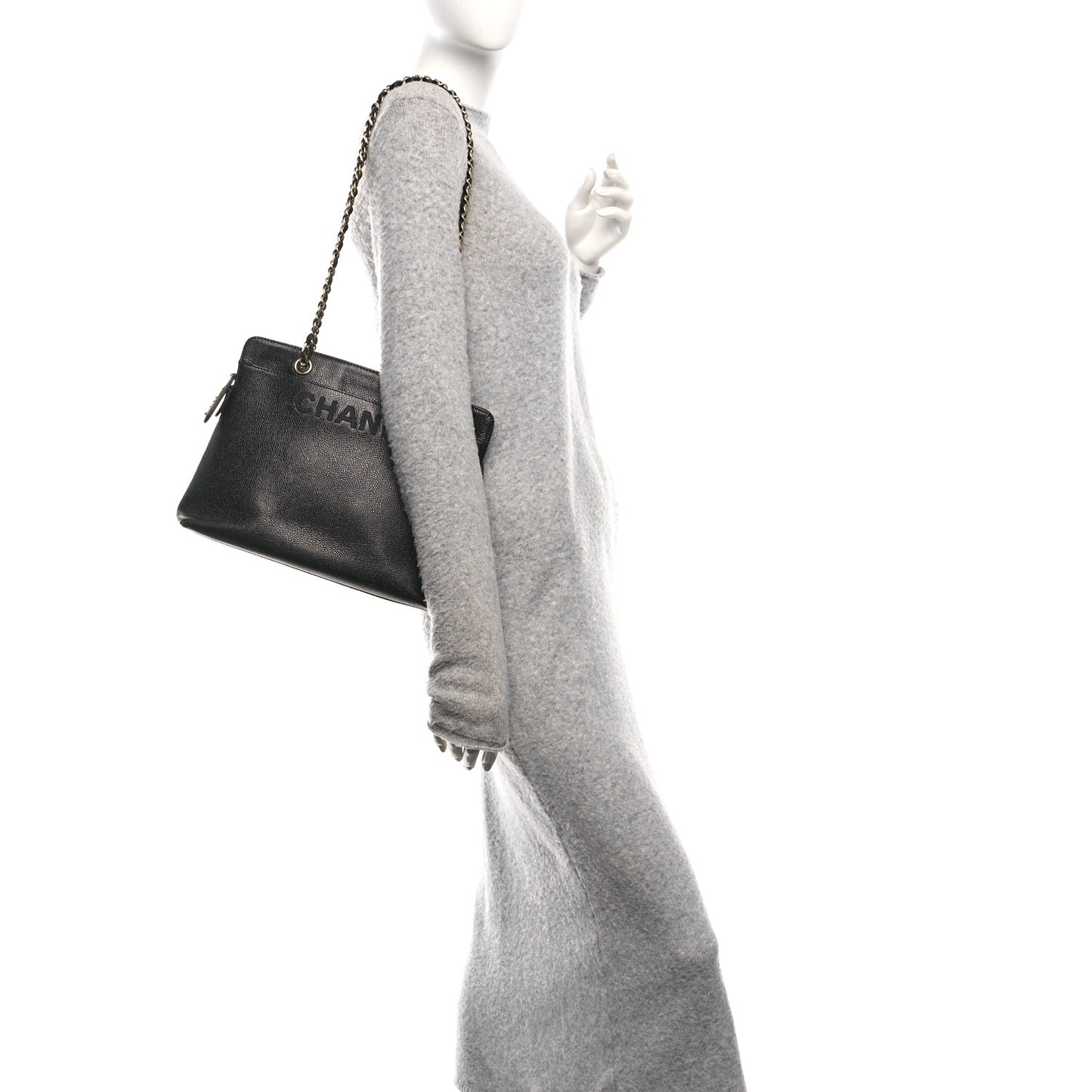Caviar Embroidered Logo Shoulder Bag Black