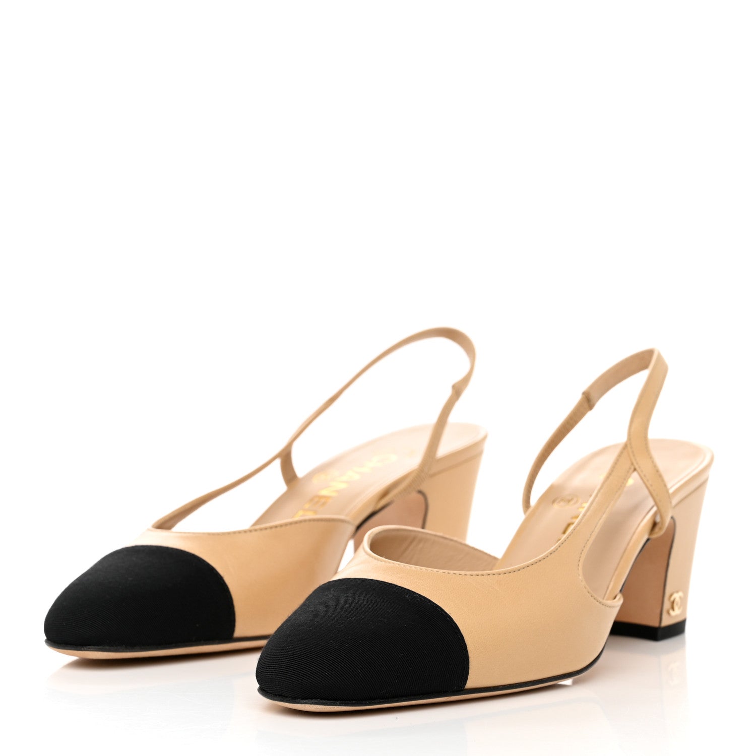 Chanel Goatskin Grosgrain Cap Toe CC Slingback Pumps 36.5 Beige Black 3 of 9