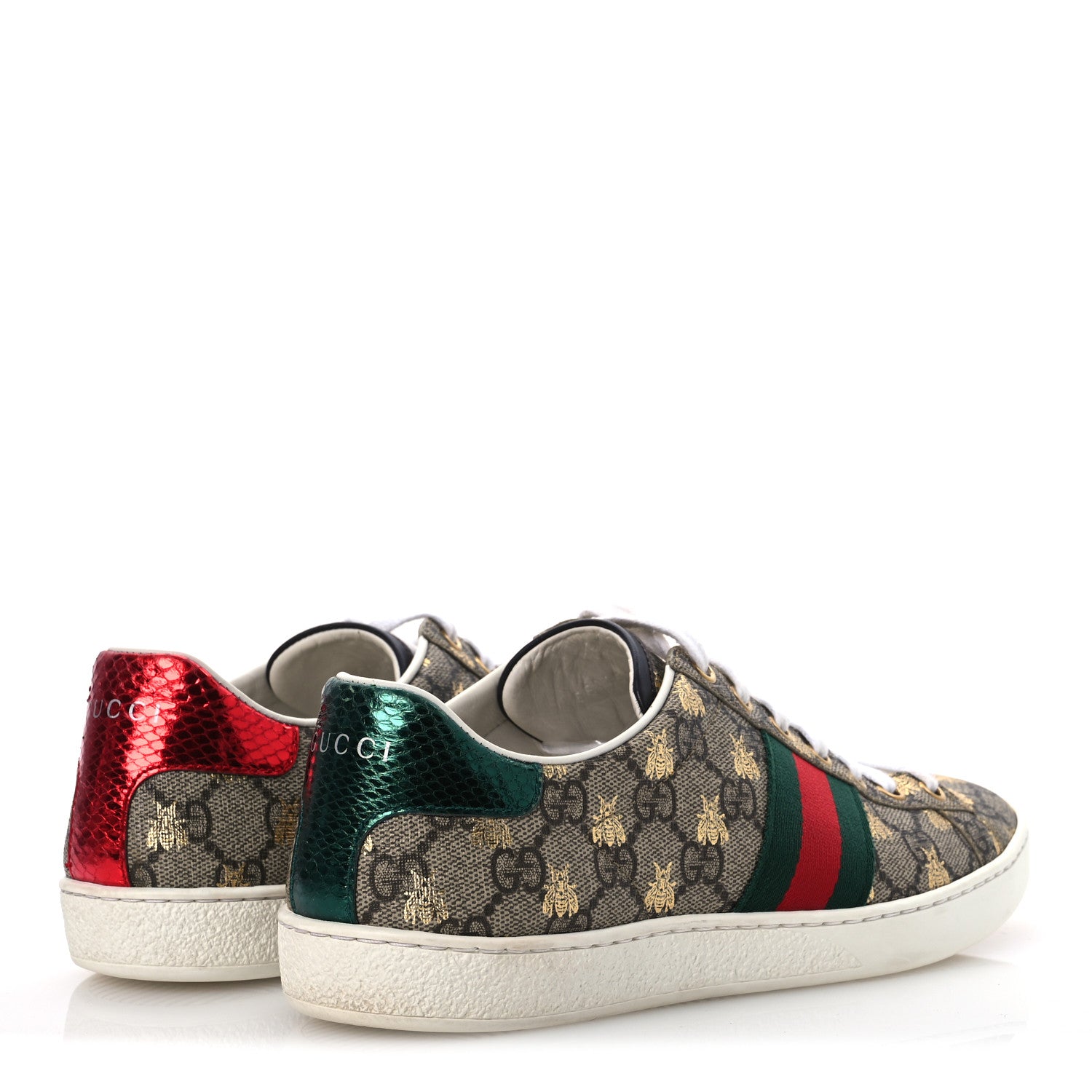 Gucci GG Supreme Monogram Bees Ayers Web Womens Ace Sneakers 39 Beige Oro Green Red 5 of 15