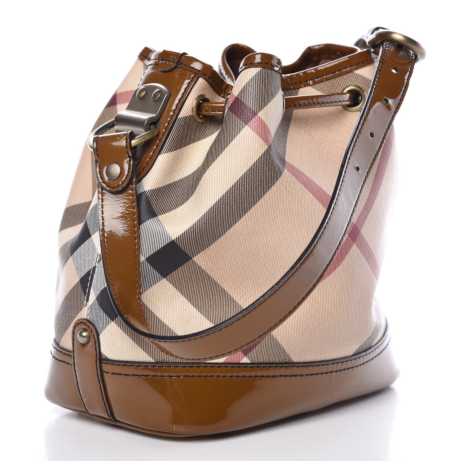 Burberry Patent Trim Nova Check Drawstring Bucket Bag Brown 3 of 23