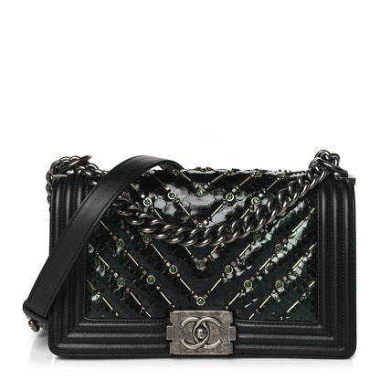 Chanel Lambskin Embroidered Python Chevron Medium Boy Flap Black Green 1 of 10