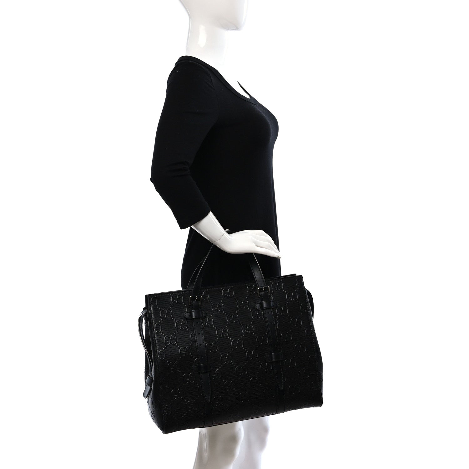 Gucci Calfskin GG Tennis Embossed Tote Bag Black 2 of 9