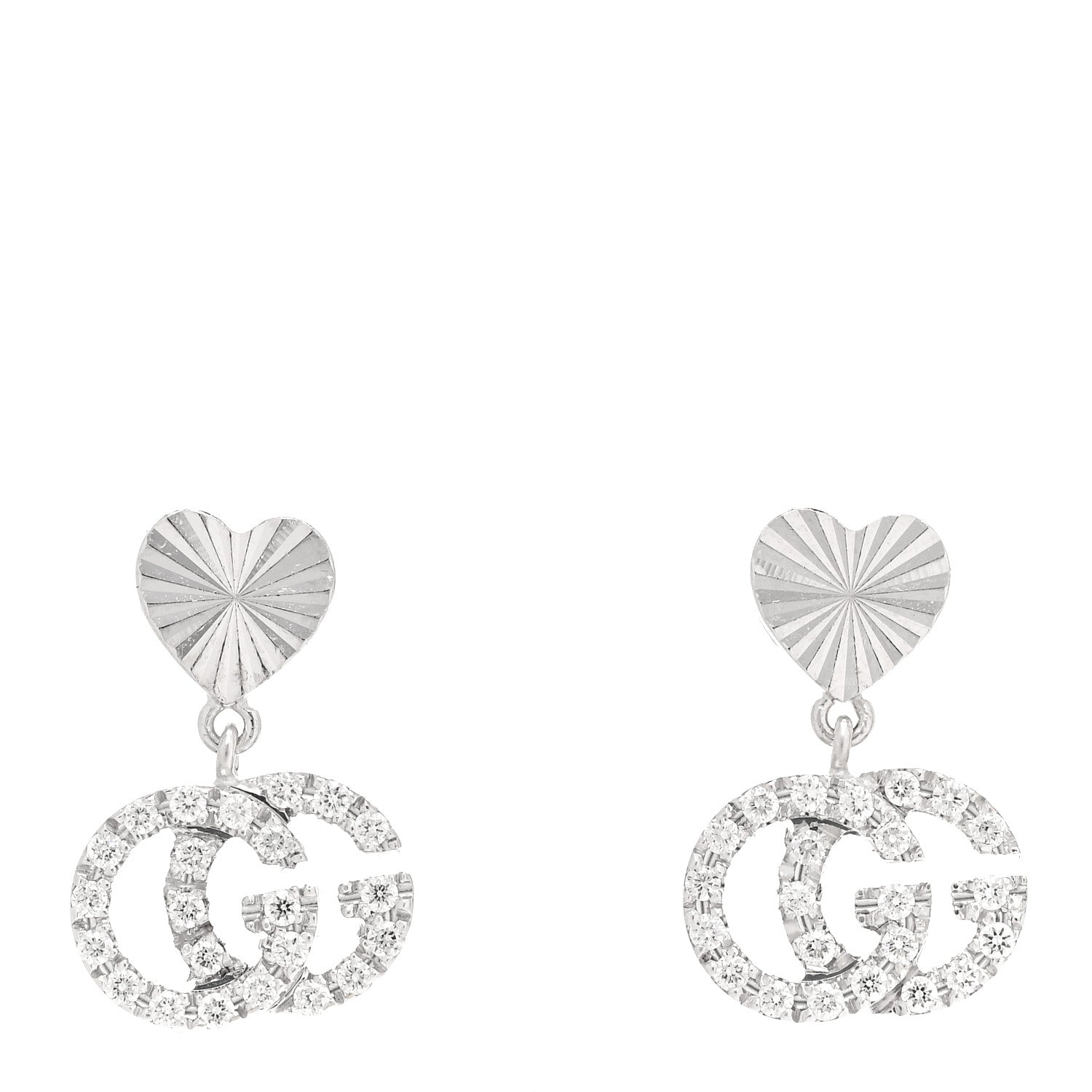 Gucci 18K White Gold Diamond GG Running Heart Drop Earrings 1 of 5
