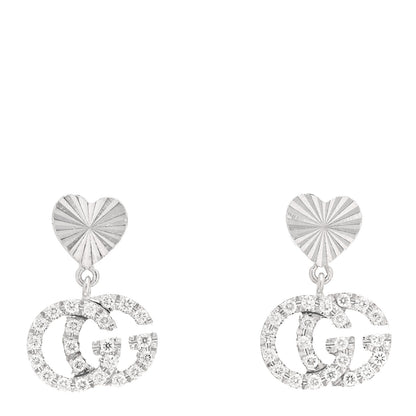 Gucci 18K White Gold Diamond GG Running Heart Drop Earrings 1 of 5