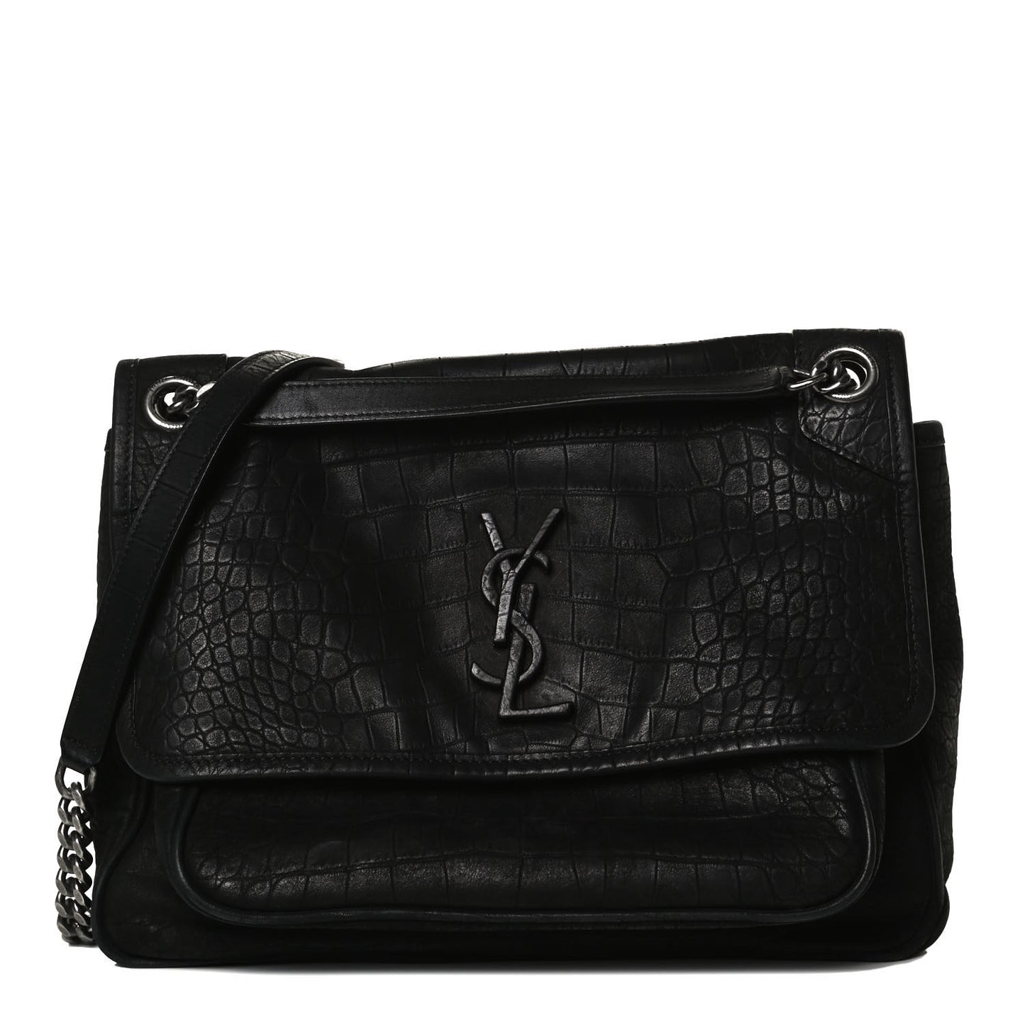 Nubuck Crocodile Embossed Monogram Medium Niki Chain Satchel Black