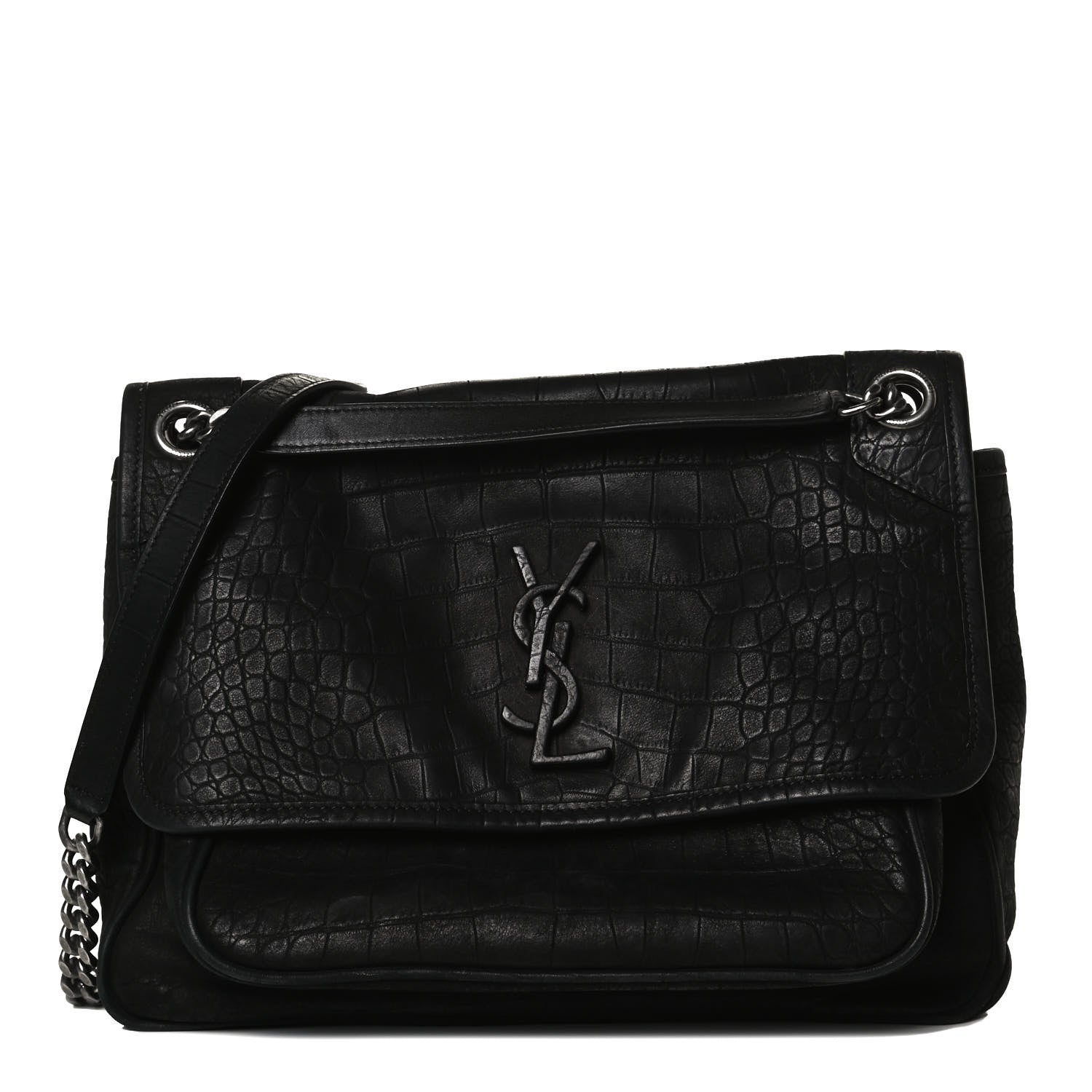 Saint Laurent Nubuck Crocodile Embossed Monogram Medium Niki Chain Satchel Black 1 of 12