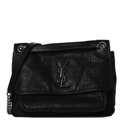 Saint Laurent Nubuck Crocodile Embossed Monogram Medium Niki Chain Satchel Black 1 of 12