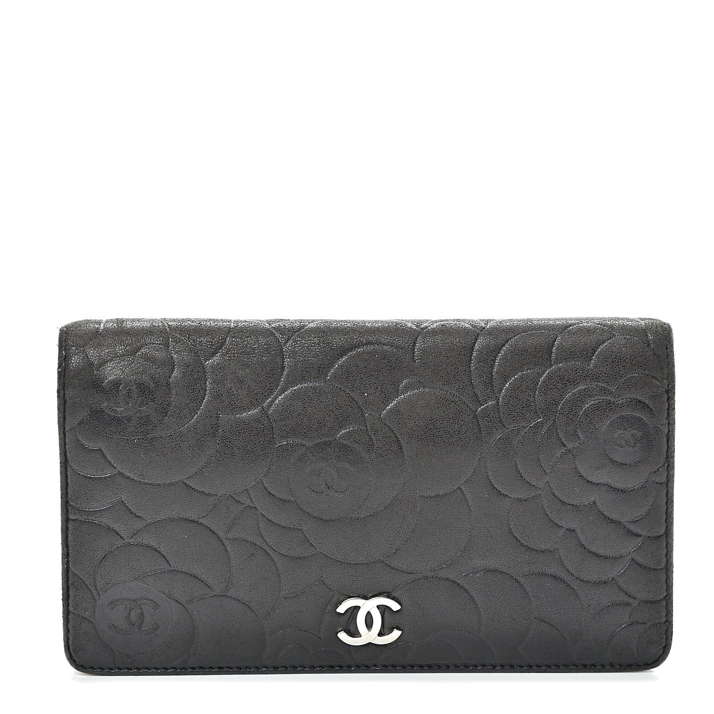 Lambskin Camellia Embossed Yen Wallet Black