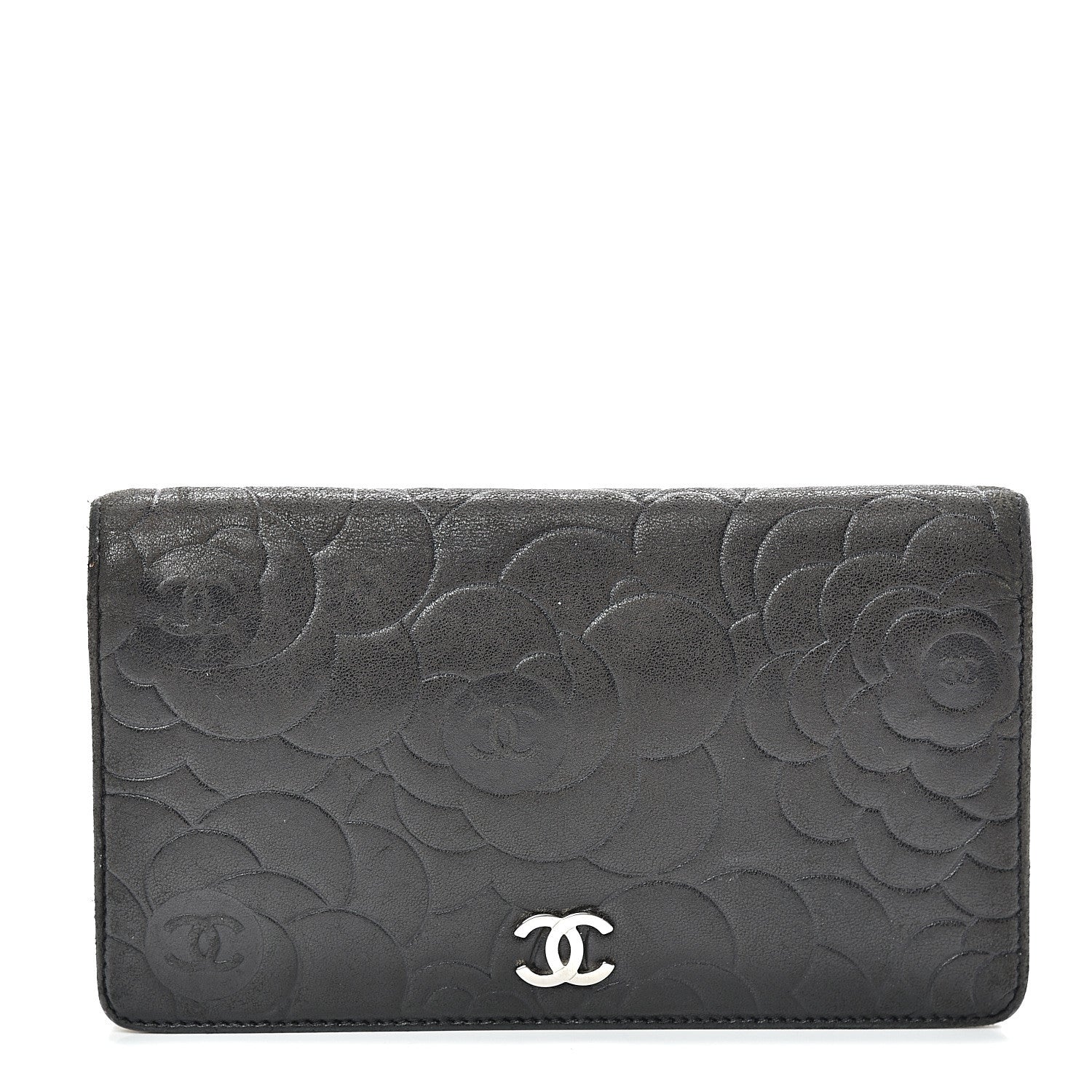 Chanel Lambskin Camellia Embossed Yen Wallet Black 1 of 19