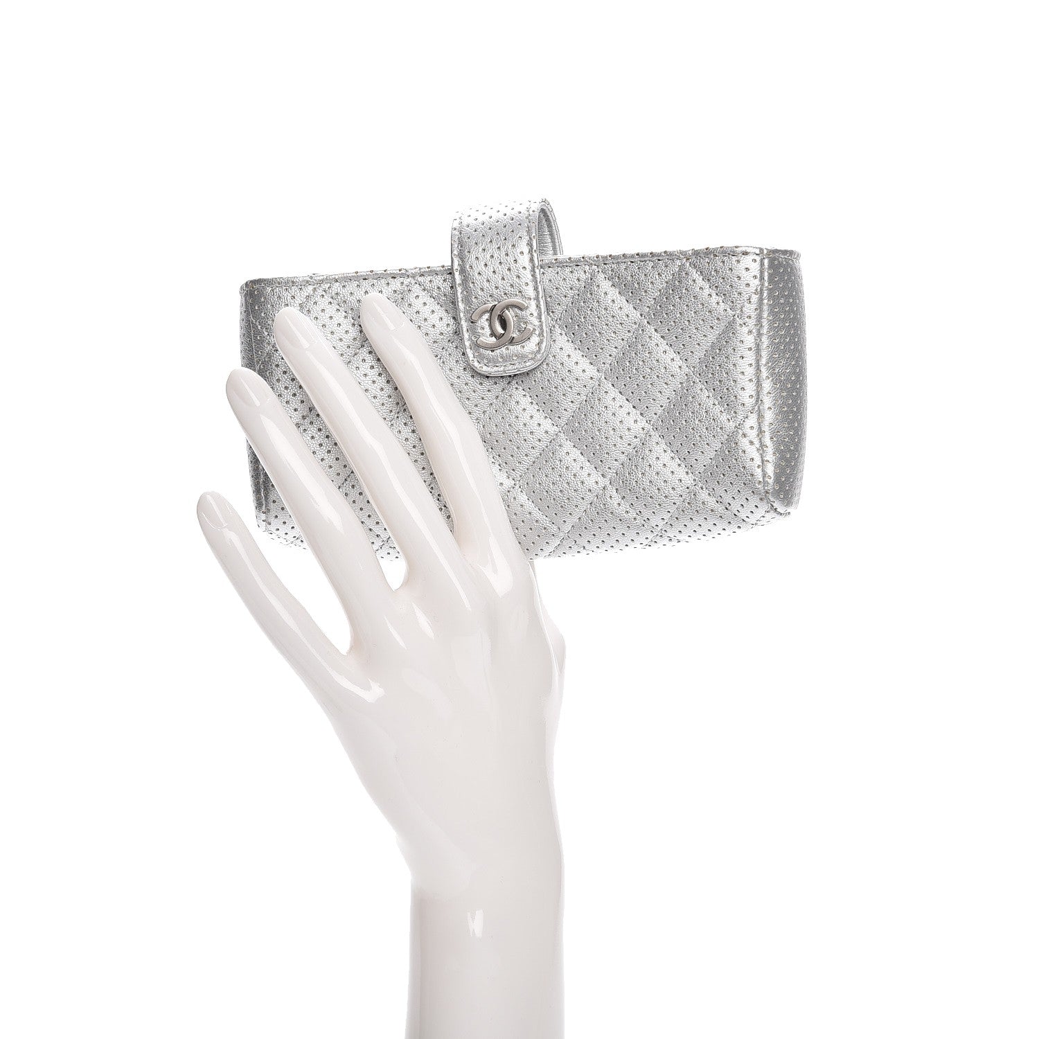 Chanel Perforated Lambskin Quilted Mini Phone Holder Clutch Silver 2 of 7