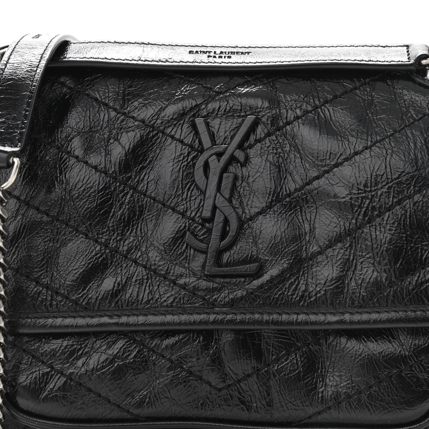 Crinkled Calfskin Matelasse Monogram Baby Niki Chain Satchel Black