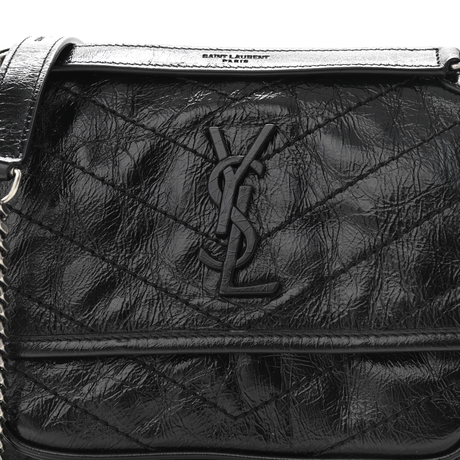 Saint Laurent Crinkled Calfskin Matelasse Monogram Baby Niki Chain Satchel Black 9 of 13