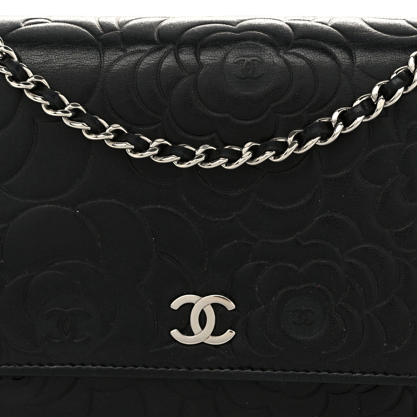 Lambskin Camellia Embossed Wallet On Chain WOC Black