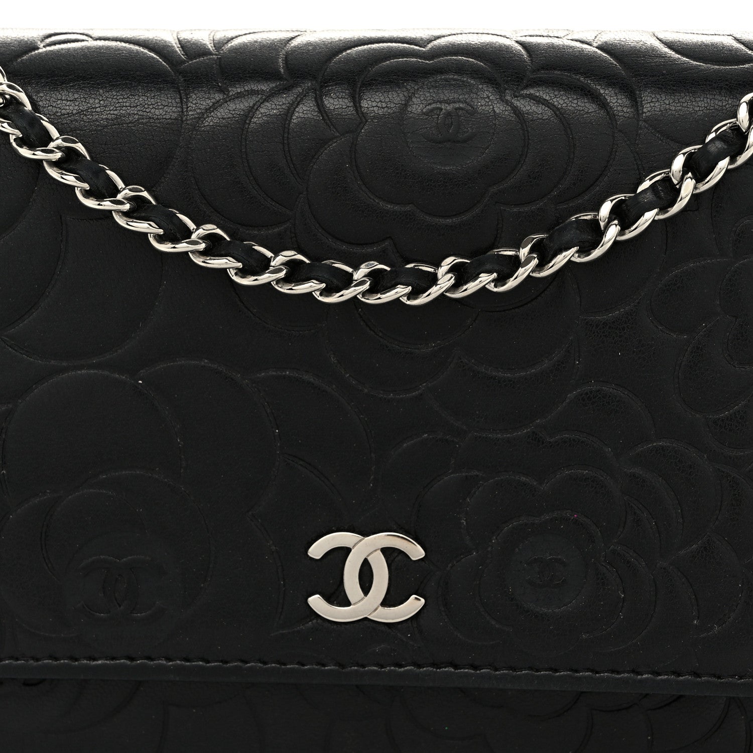 Chanel Lambskin Camellia Embossed Wallet On Chain WOC Black 9 of 11