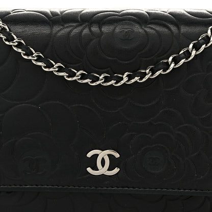 Chanel Lambskin Camellia Embossed Wallet On Chain WOC Black 9 of 11