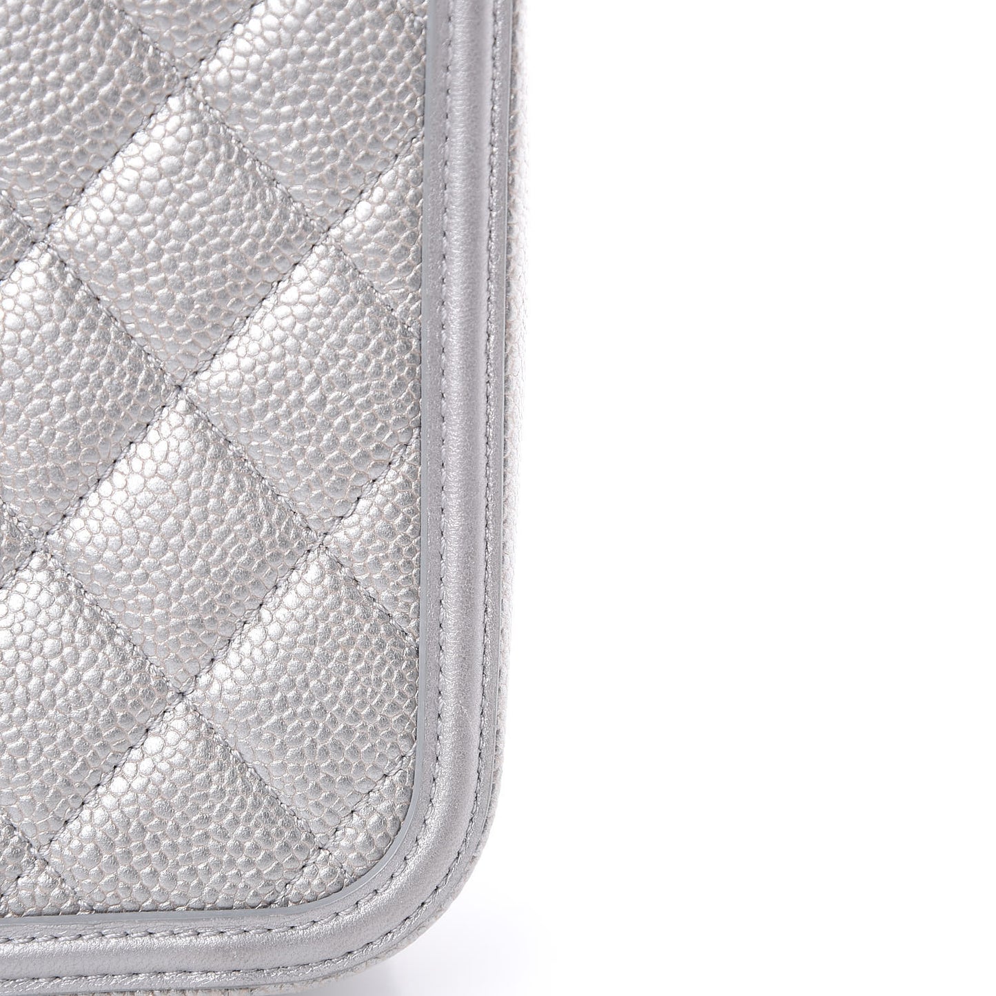 Metallic Caviar Quilted Medium CC Filigree Vanity Case Silver