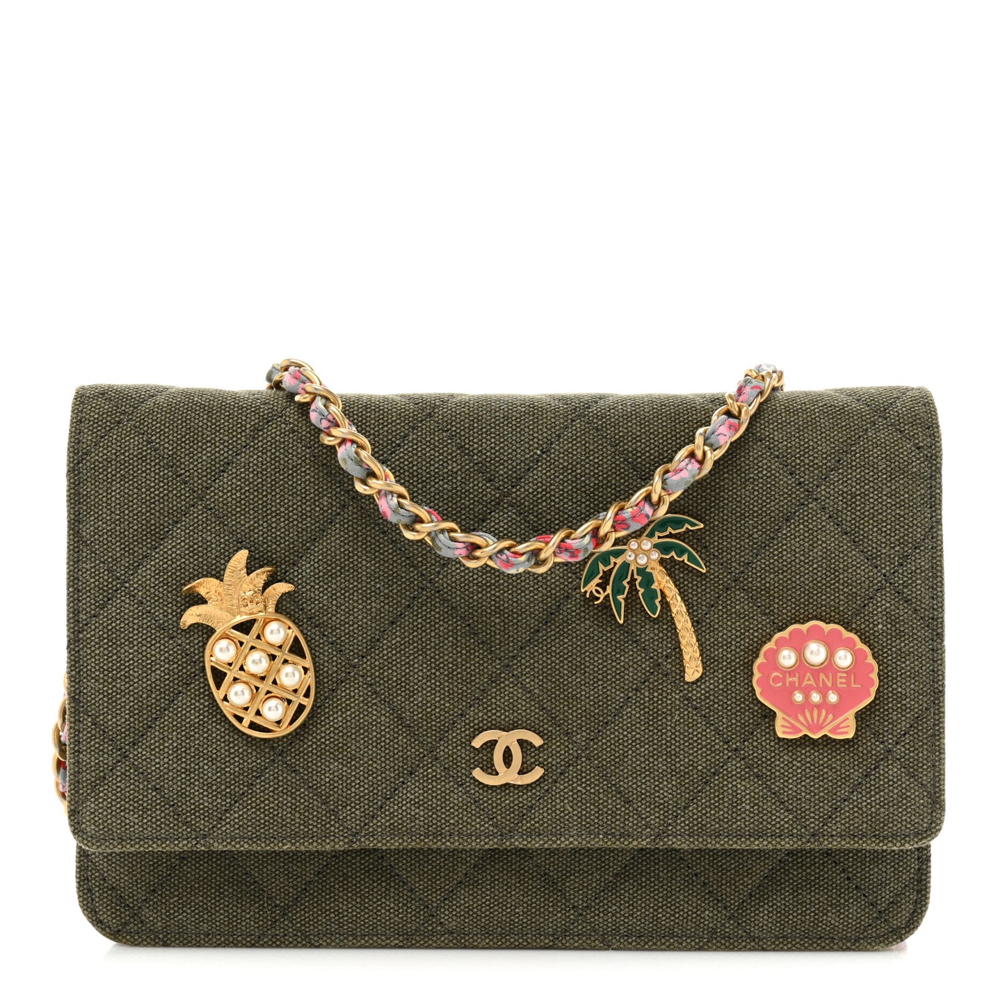 Canvas Quilted Coco Cuba Charms Wallet on Chain WOC Khaki