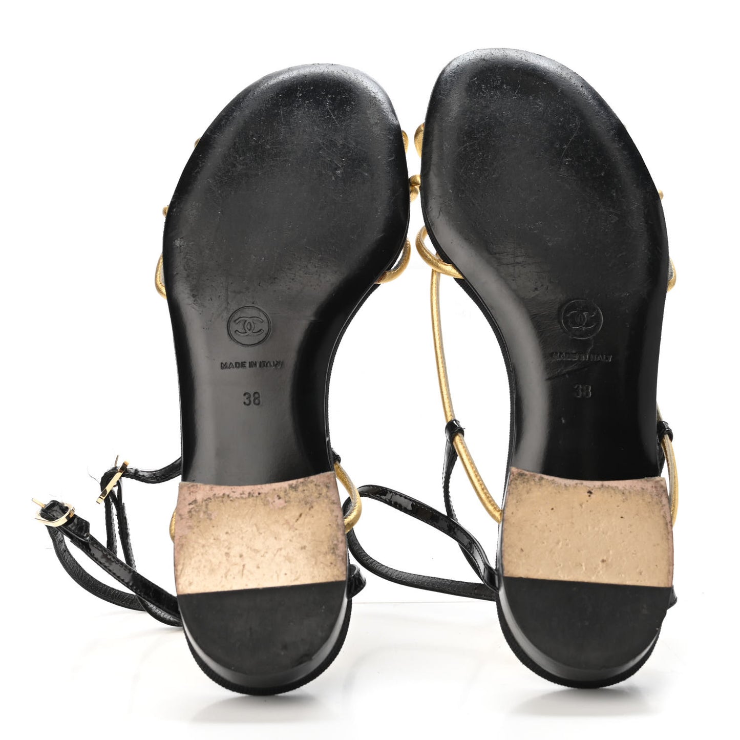 Metallic Lambskin Patent CC Strappy Flat Sandals 38 Gold Black