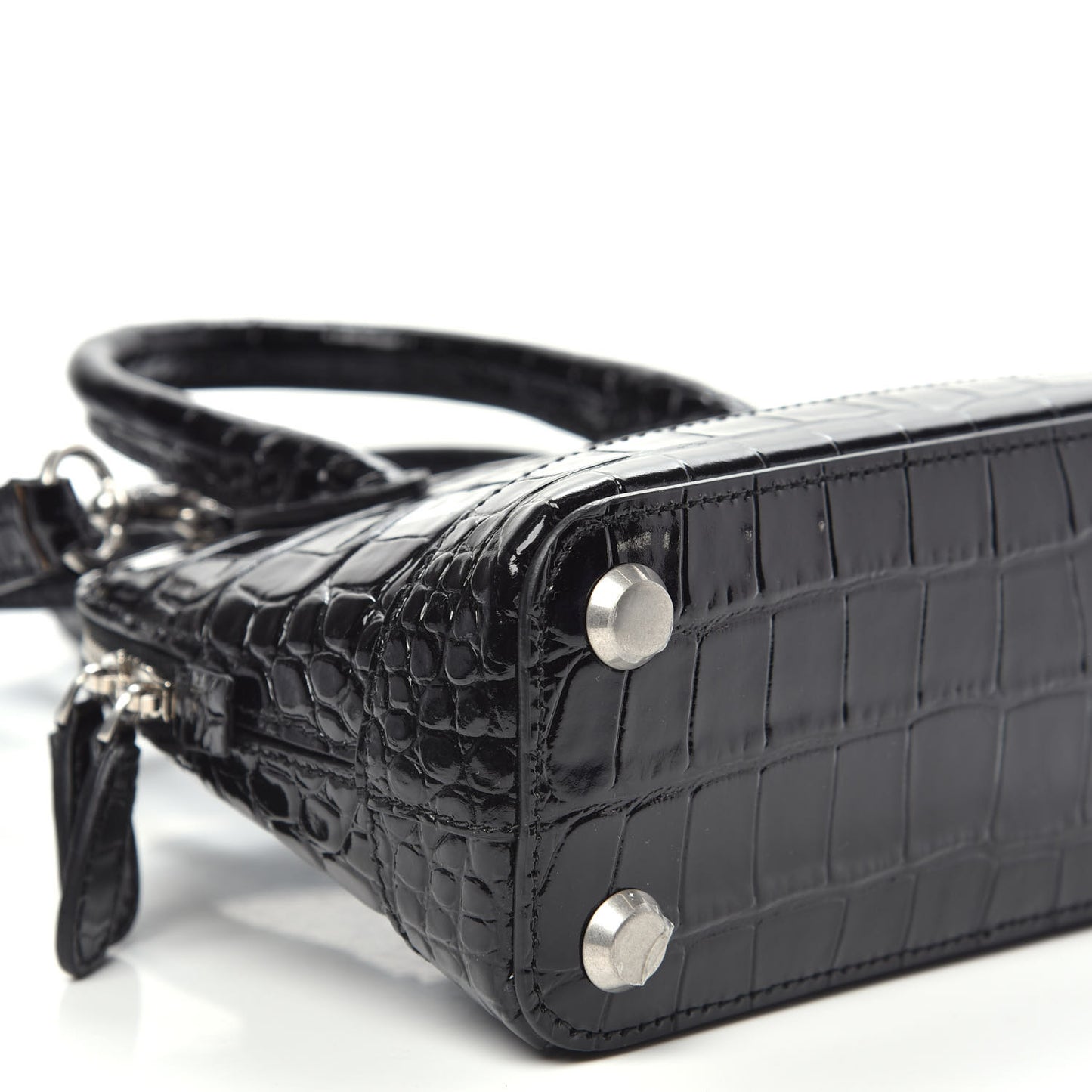 Shiny Calfskin Logo Crocodile Embossed XXS Ville Top Handle Bag Black White