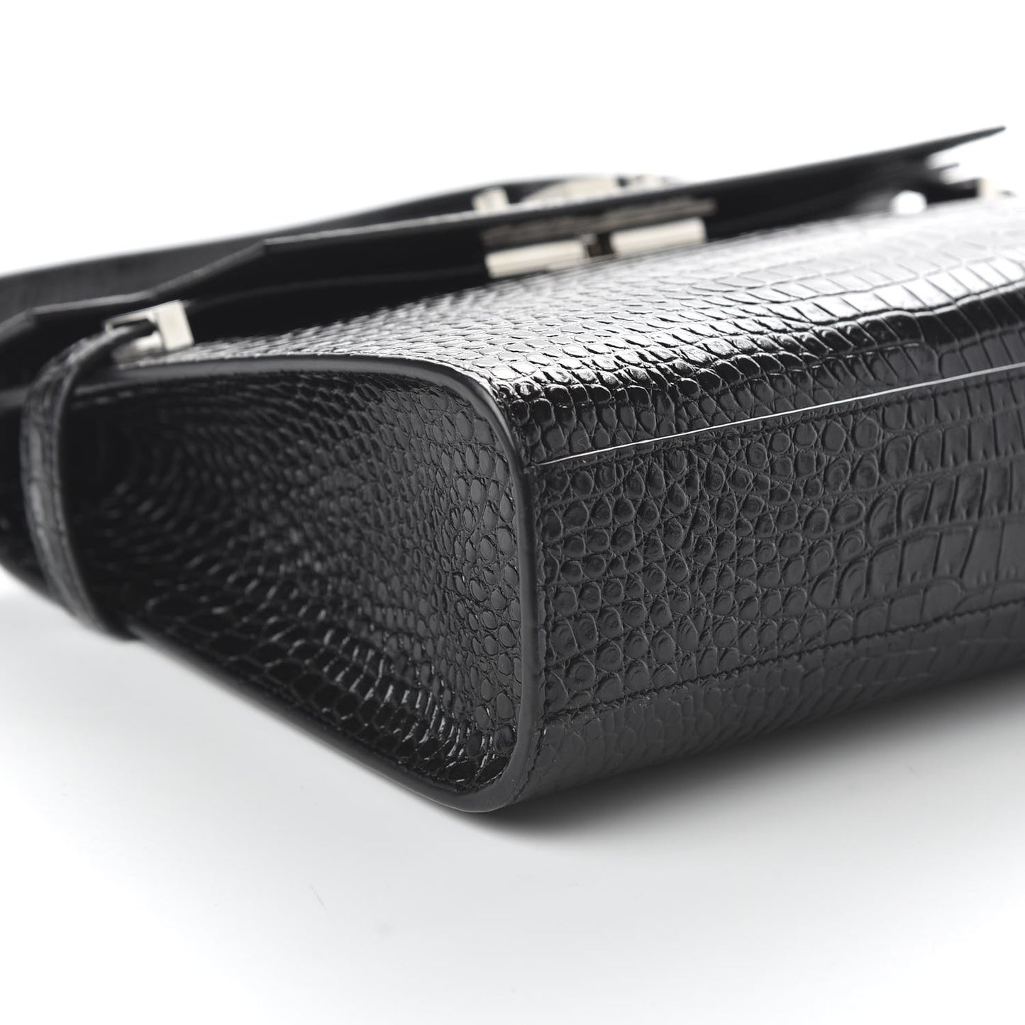 Shiny Calfskin Crocodile Embossed Manhattan Baguette Black