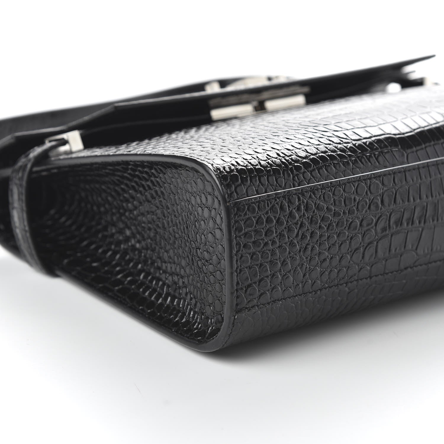 Saint Laurent Shiny Calfskin Crocodile Embossed Manhattan Baguette Black 8 of 9