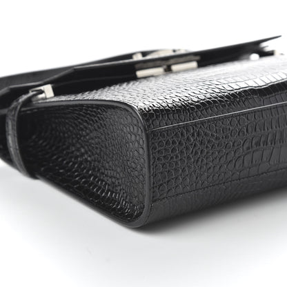 Saint Laurent Shiny Calfskin Crocodile Embossed Manhattan Baguette Black 8 of 9