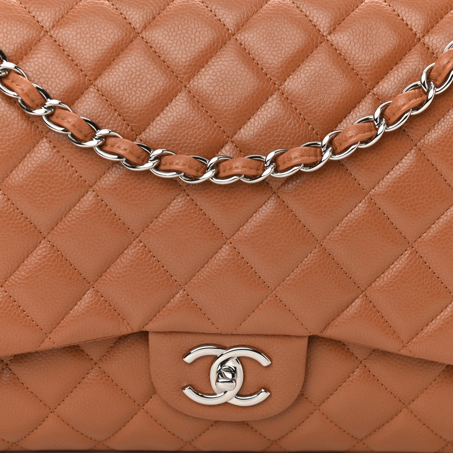 Caviar Quilted Maxi Double Flap Light Brown