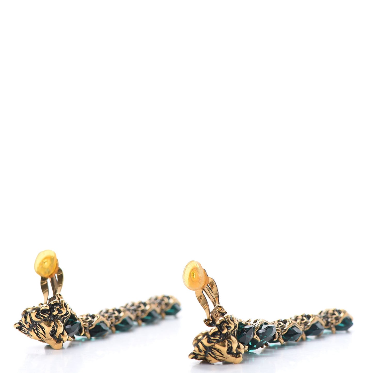 Crystal Metal Lionhead Drop Earrings Emerald Aged Gold