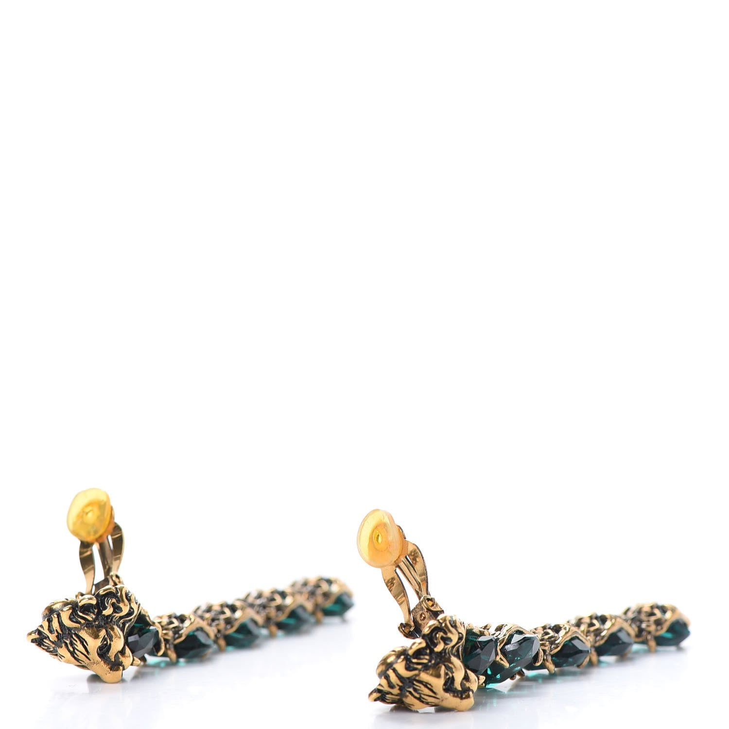 Gucci Crystal Metal Lionhead Drop Earrings Emerald Aged Gold 3 of 4