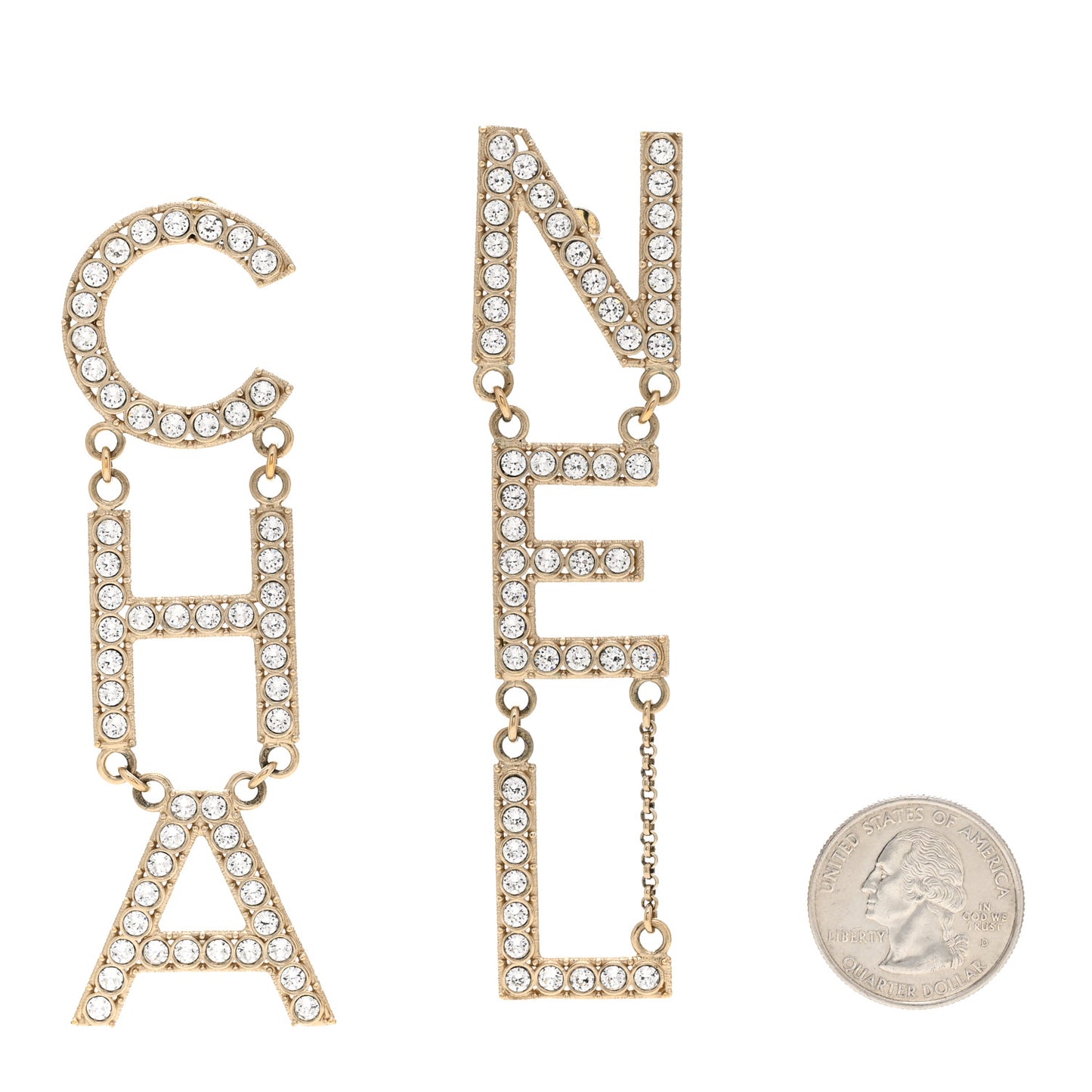 Crystal Cha-Nel Logo Drop Earrings Gold