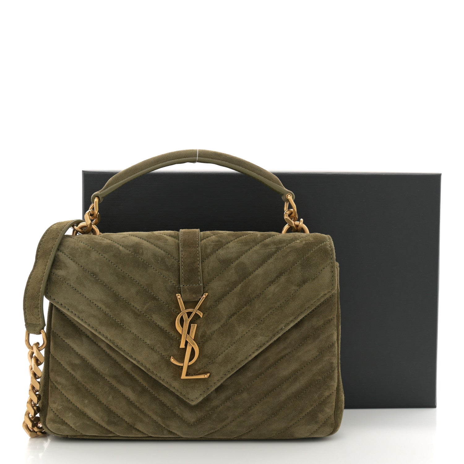 Saint Laurent Suede Matelasse Chevron Monogram Medium College Bag Loden Green 11 of 11