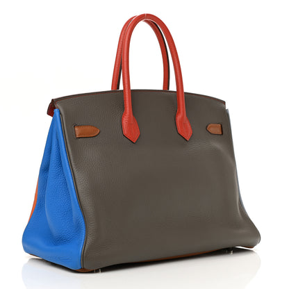 Hermes Taurillon Clemence Arlequin Birkin 35 Orange Sanguine Gold Bleu Lin Bleu Hydra Etain 3 of 11