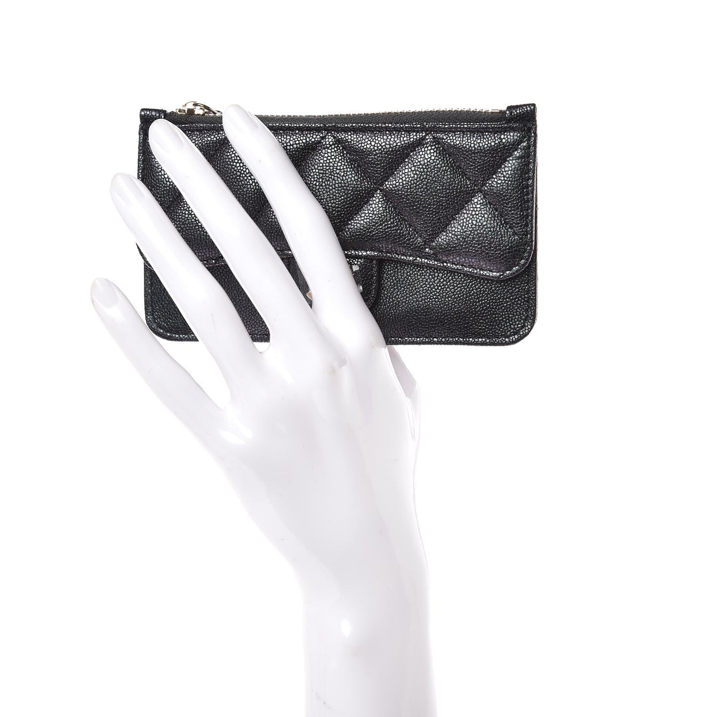 Iridescent Caviar Quilted Flap Zip Card Holder Black